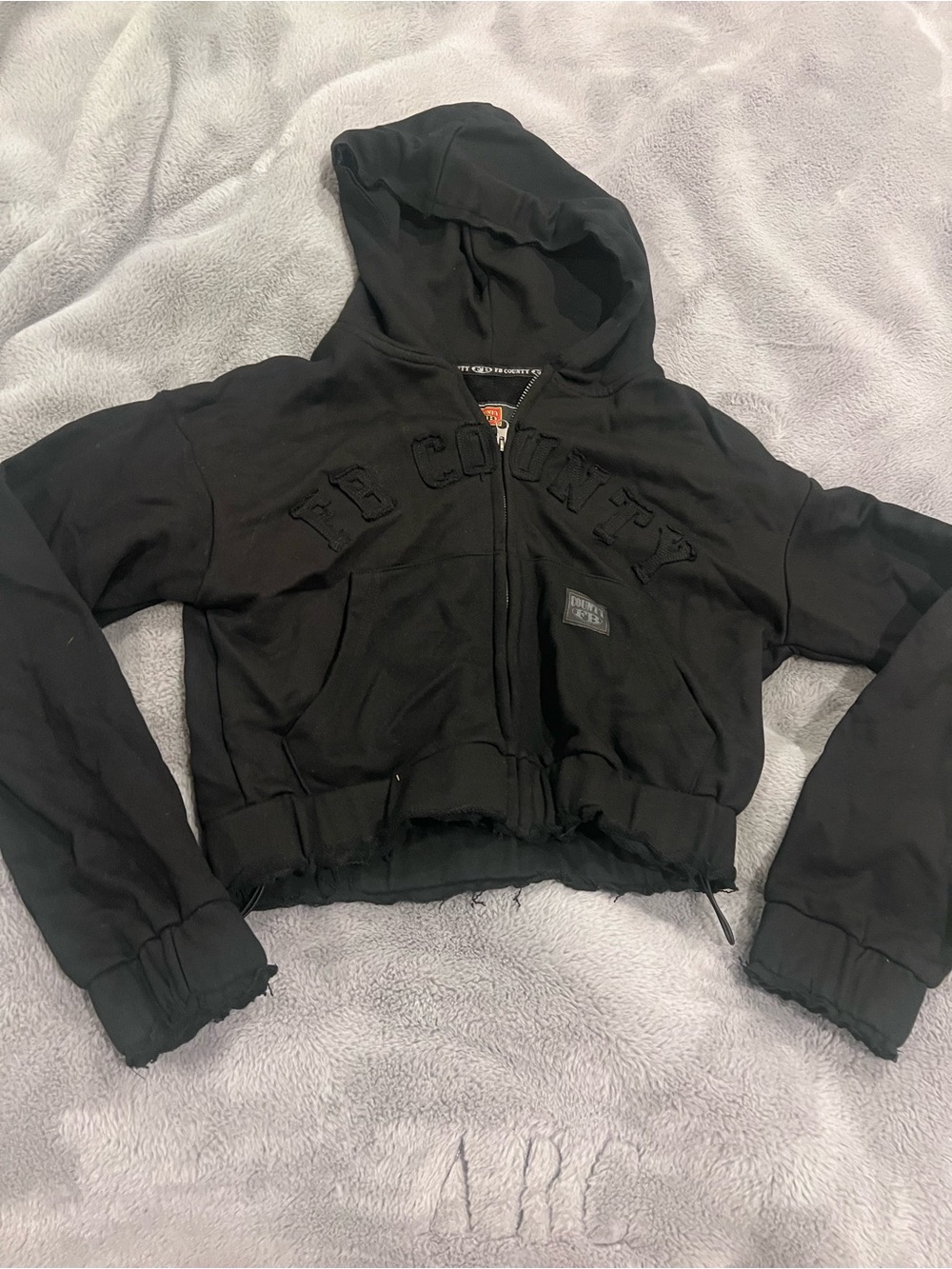 FB County Black Cotton Fleece Full Zip Hooded Hoodie Logo Women’s XS Cropped